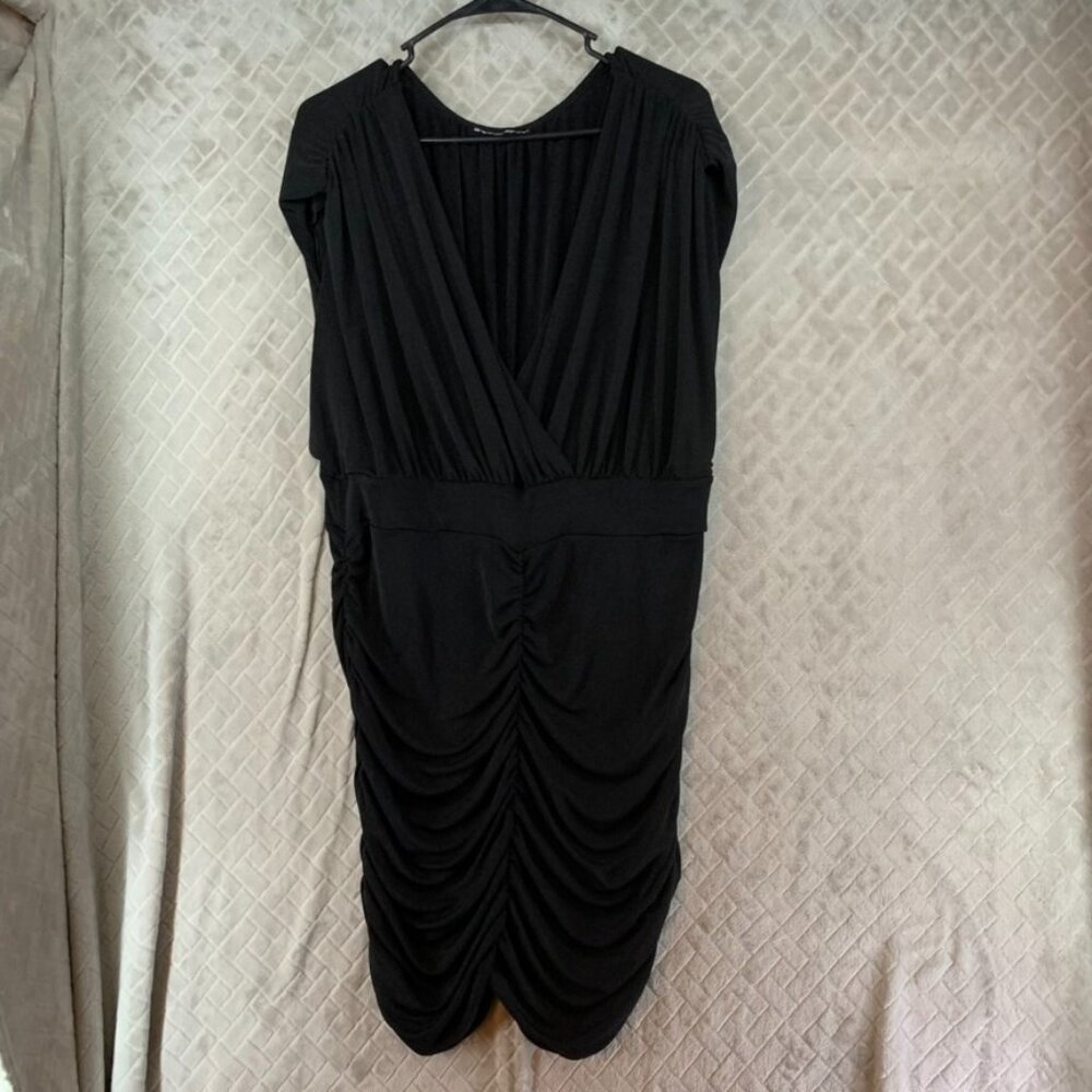 Symphony+ Womens 2X Mini Dress Black Ruched Short Sleeve V Neck Knee Length